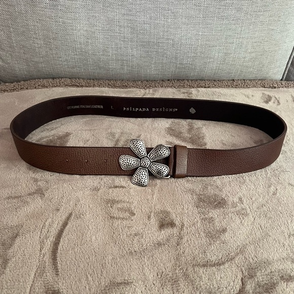 Silpada Classic Flower Silver Buckle Brown Italian Leather Belt size Large - Picture 8 of 13
